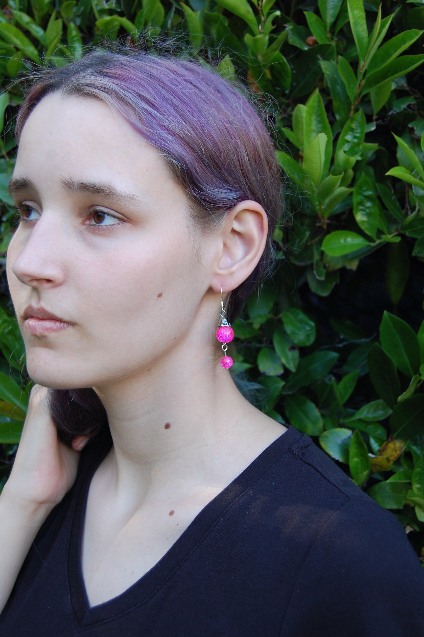 Pink Crackle Bead Dangle Earrings