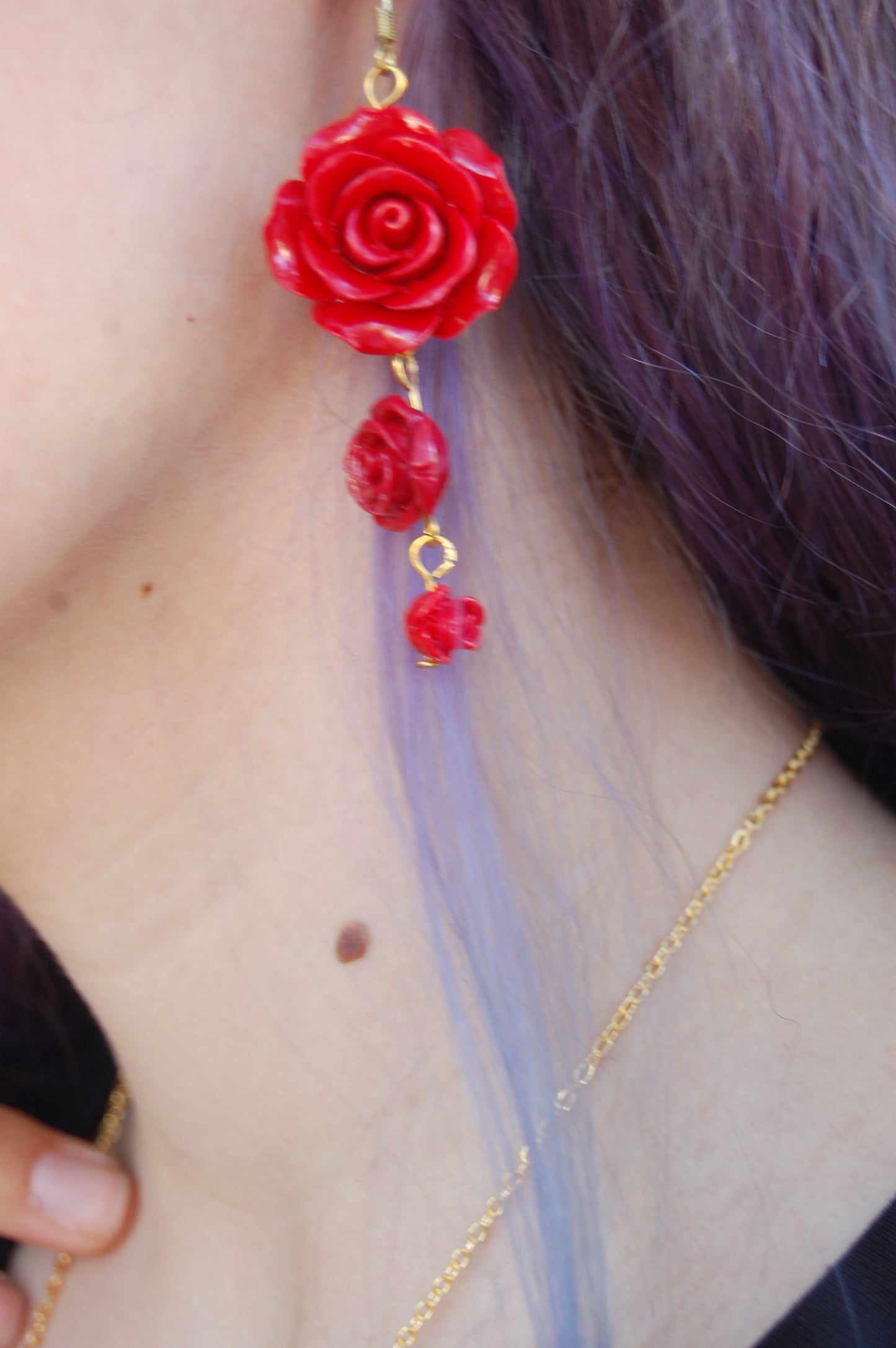 Triple Red Rose Dangle Earrings