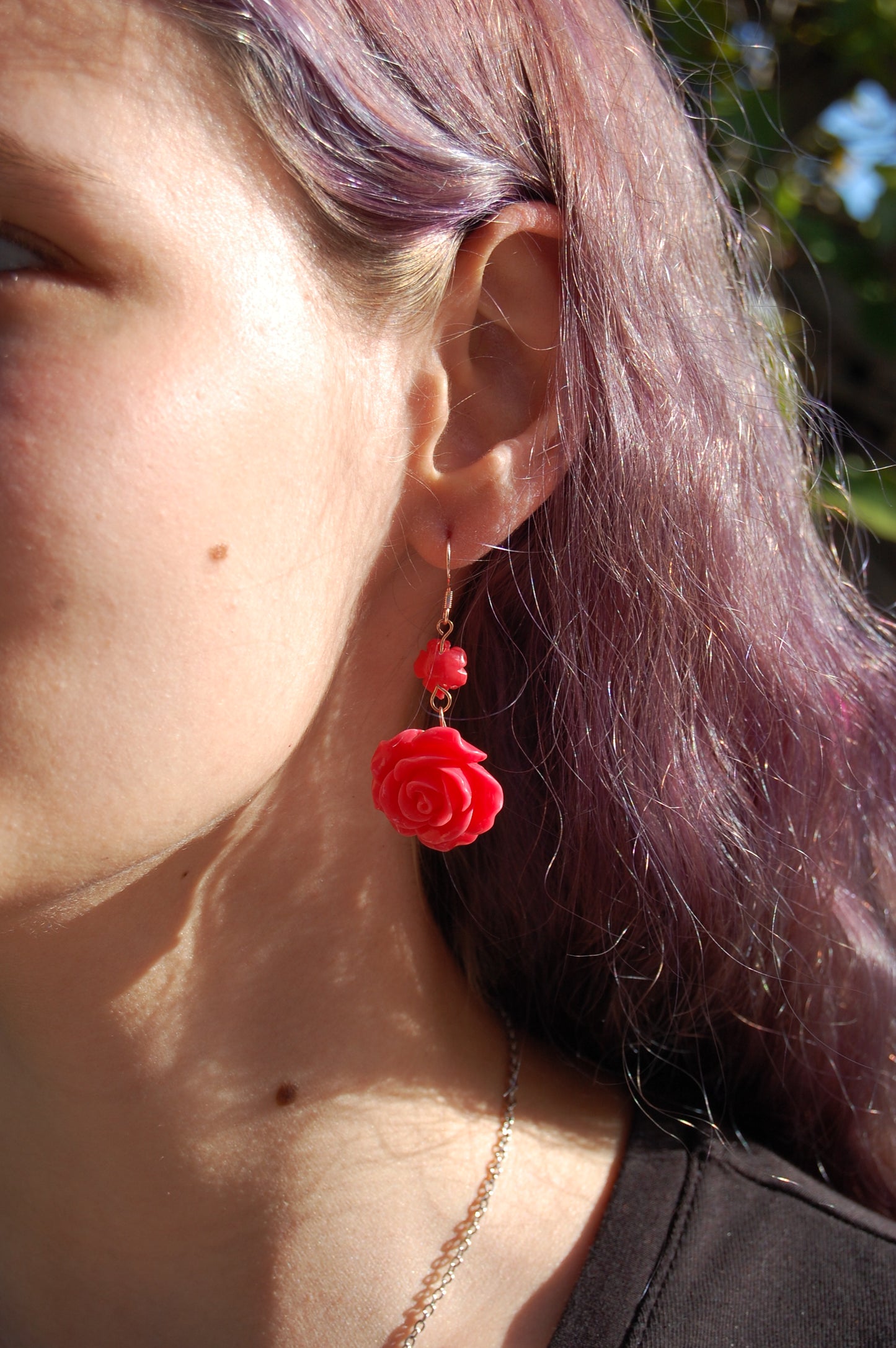 Dark Pink Rose Dangle Earrings
