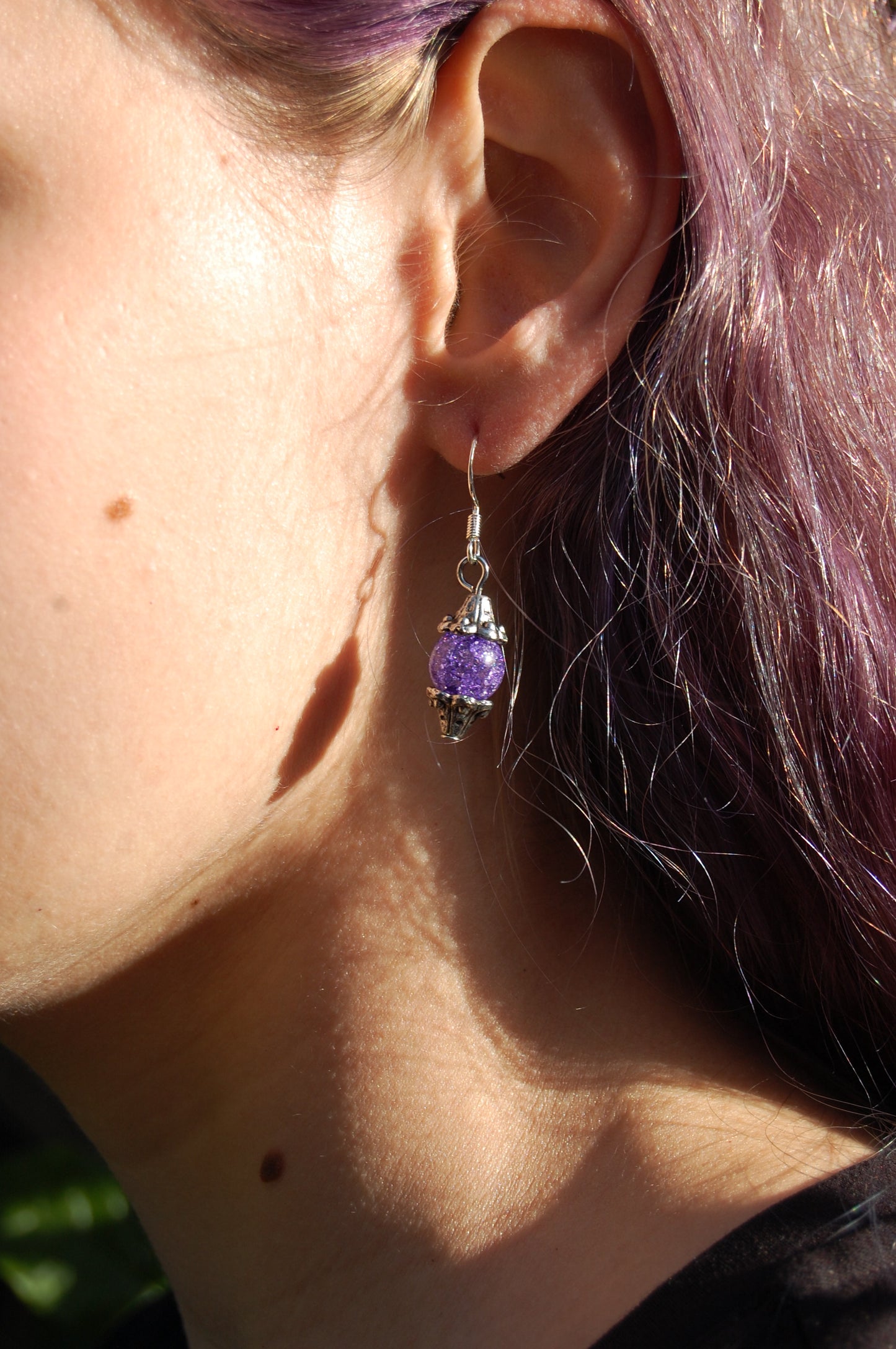 Purple Crackle Bead Dangle Earrings