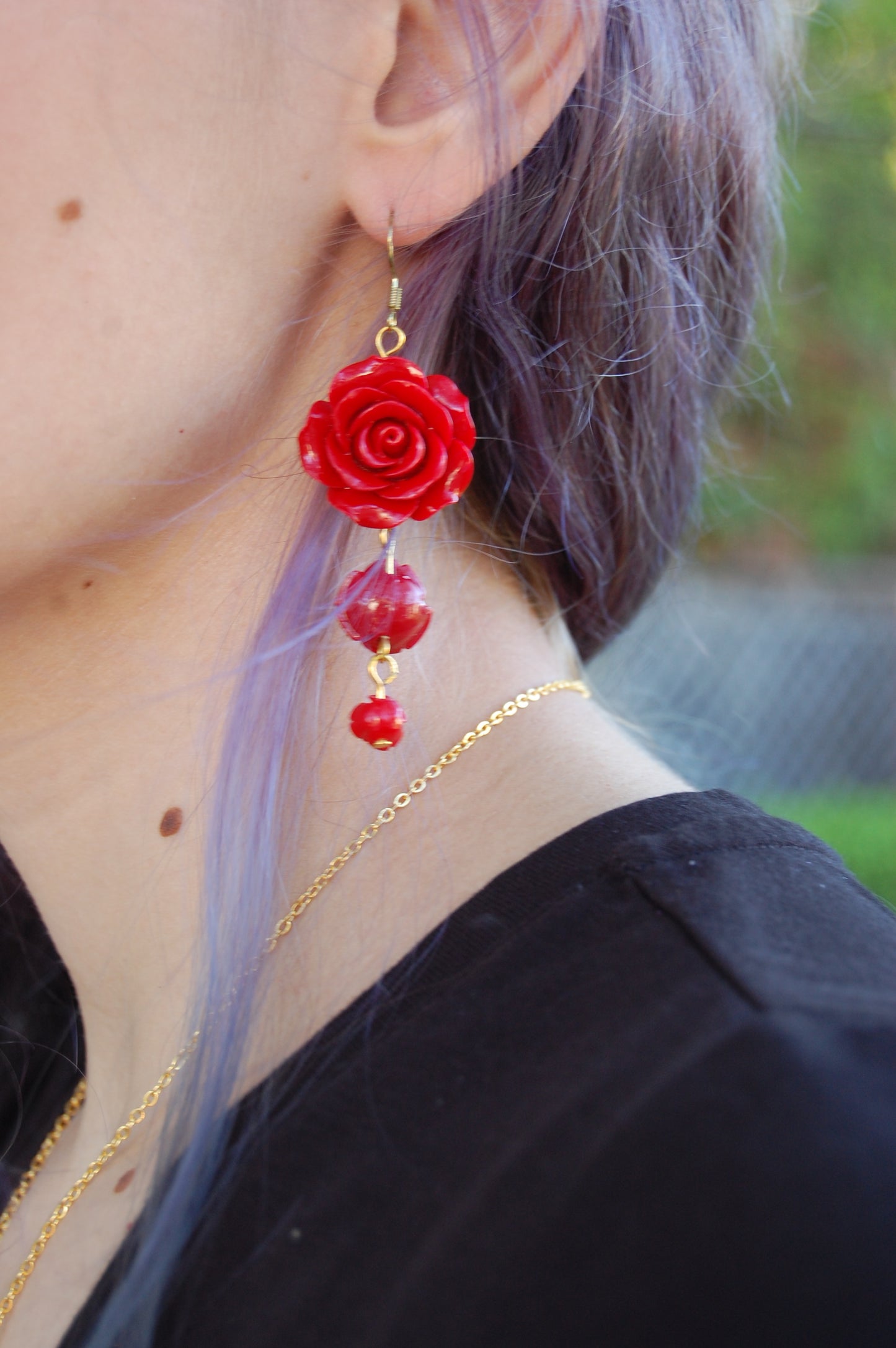 Triple Red Rose Dangle Earrings