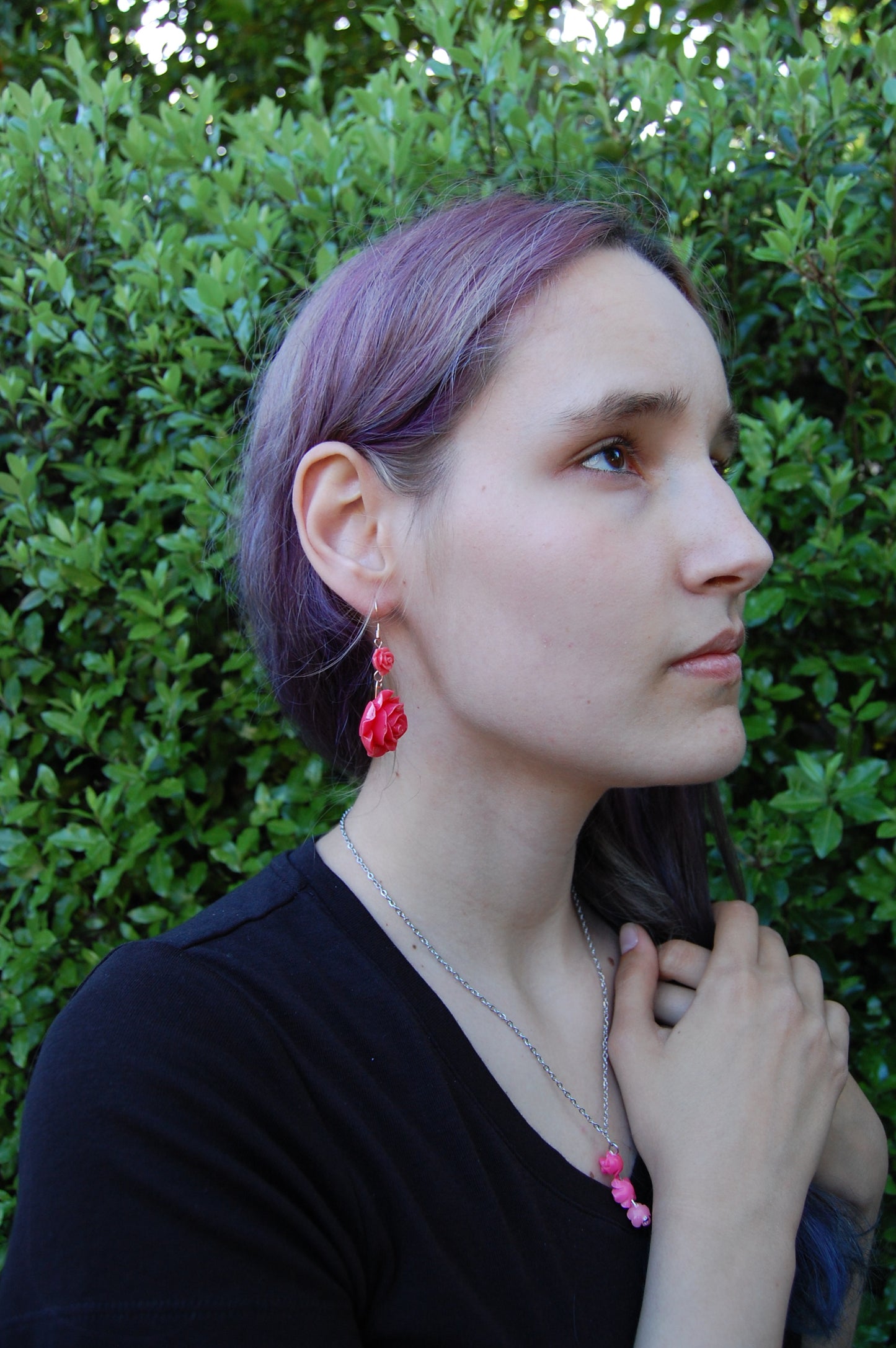 Dark Pink Rose Dangle Earrings