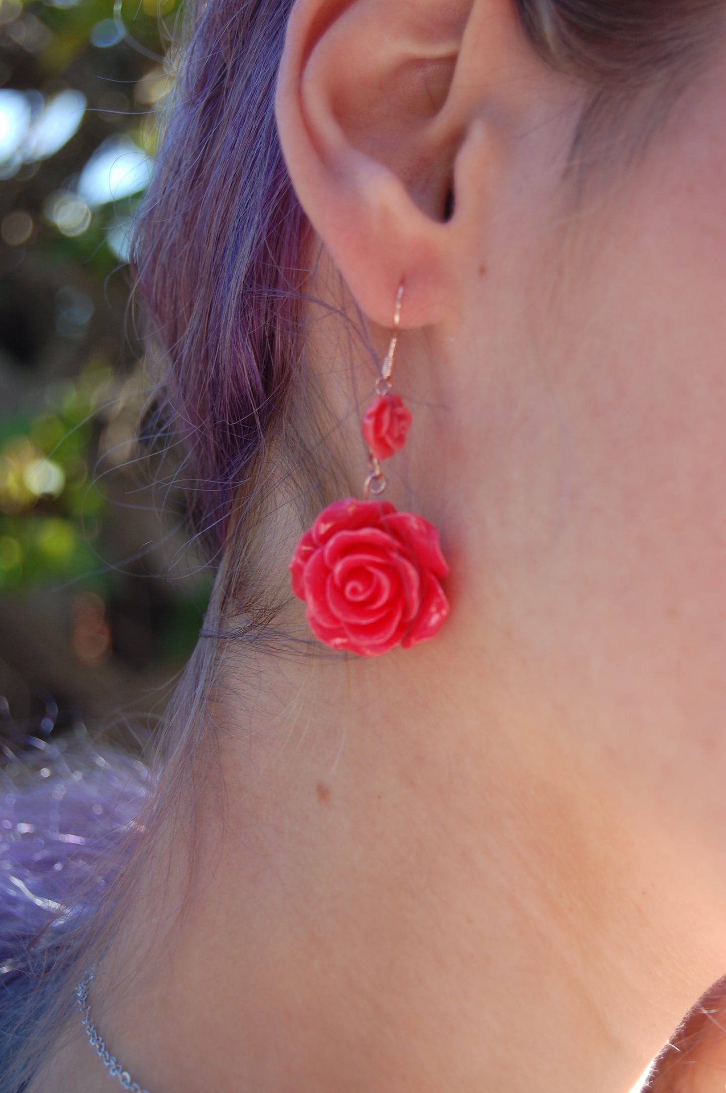 Dark Pink Rose Dangle Earrings