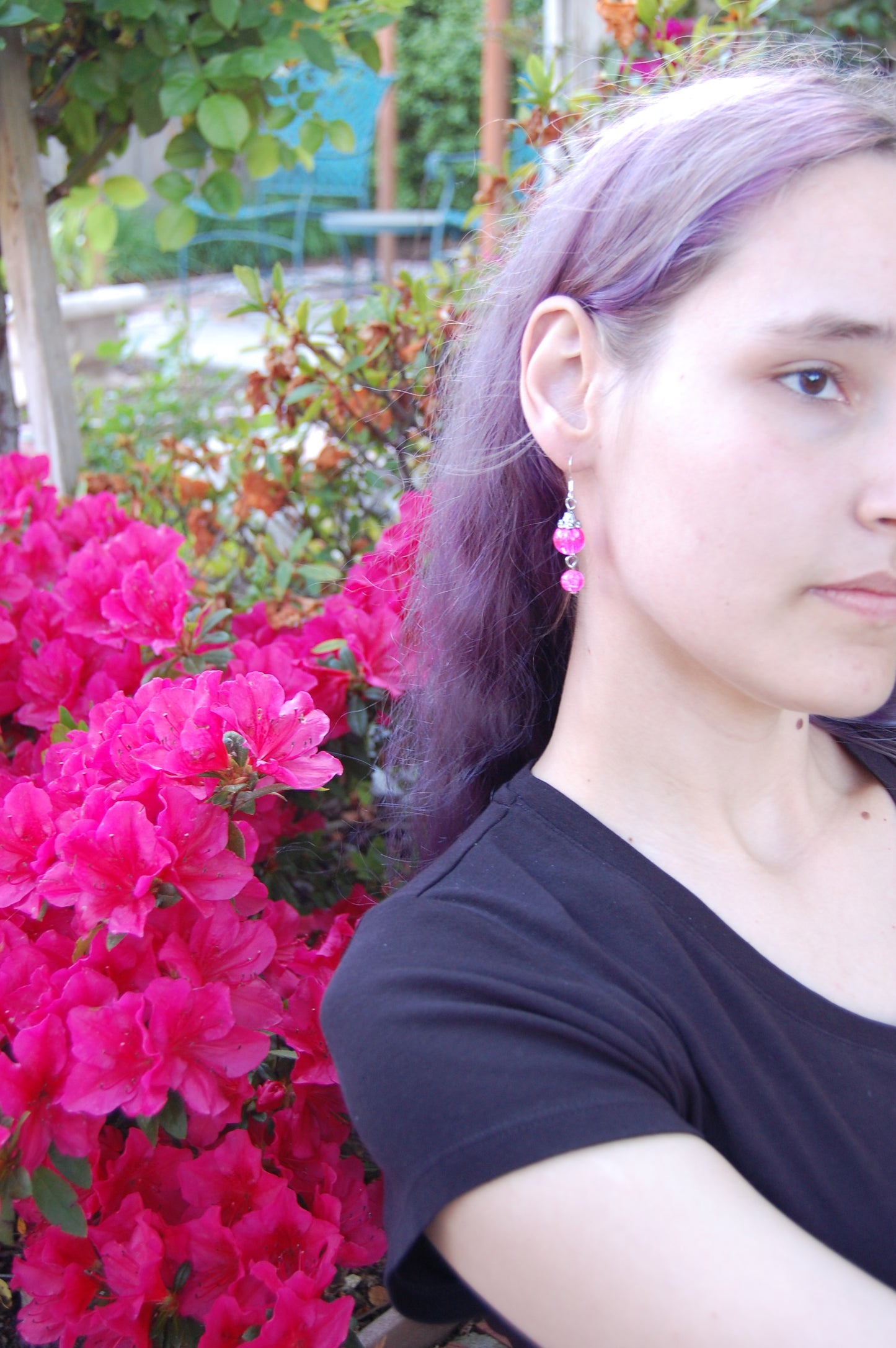 Pink Crackle Bead Dangle Earrings