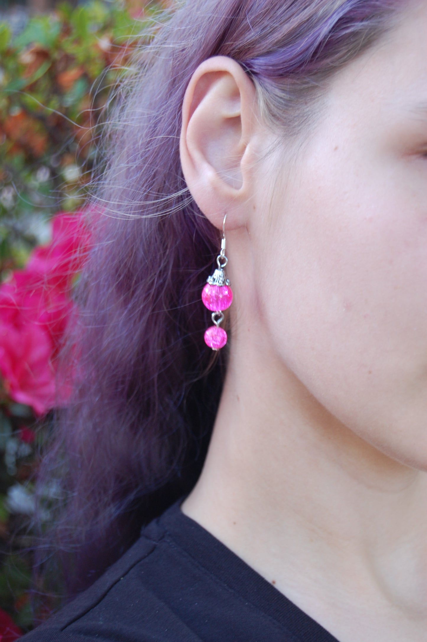 Pink Crackle Bead Dangle Earrings