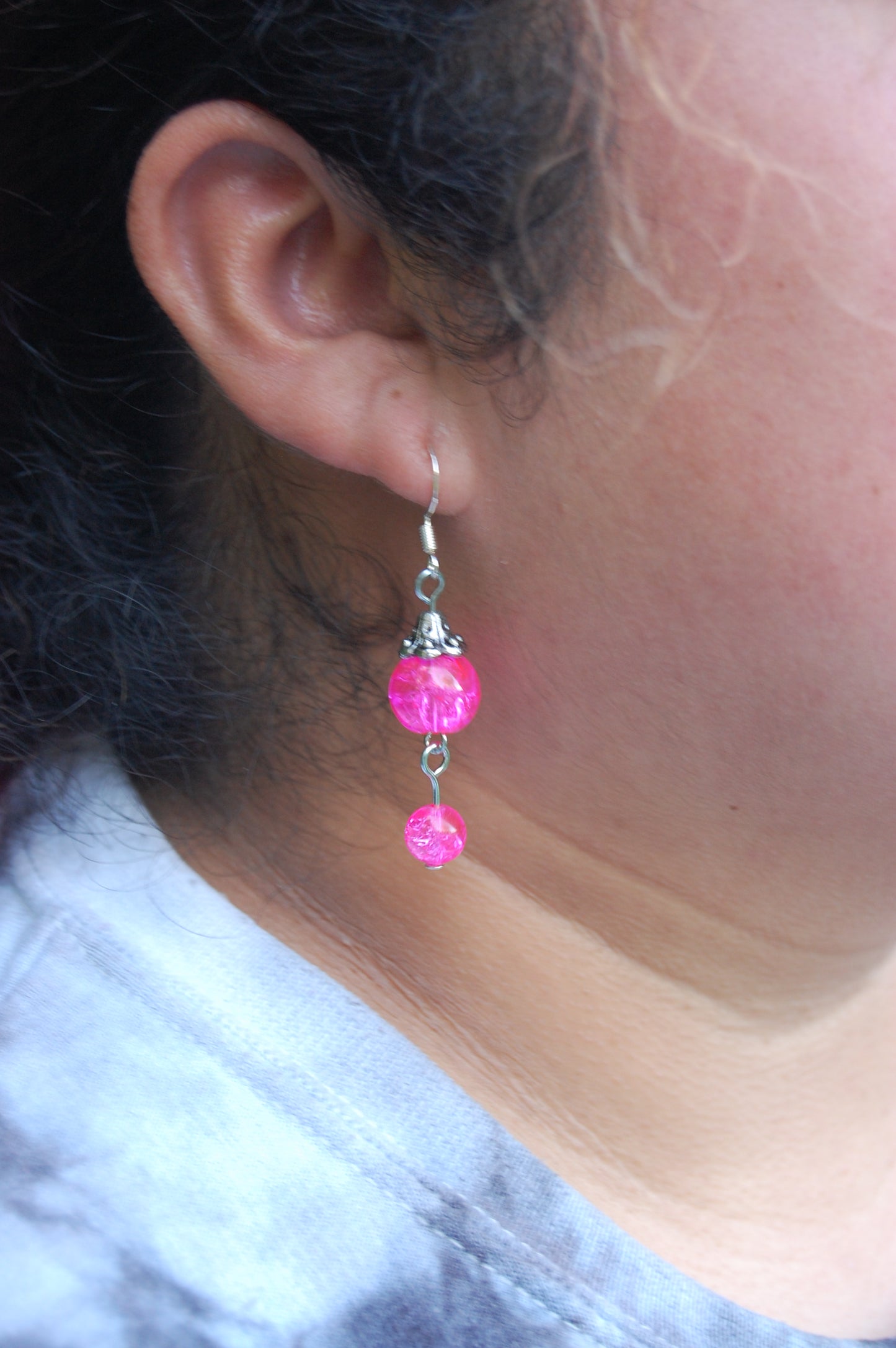Pink Crackle Bead Dangle Earrings