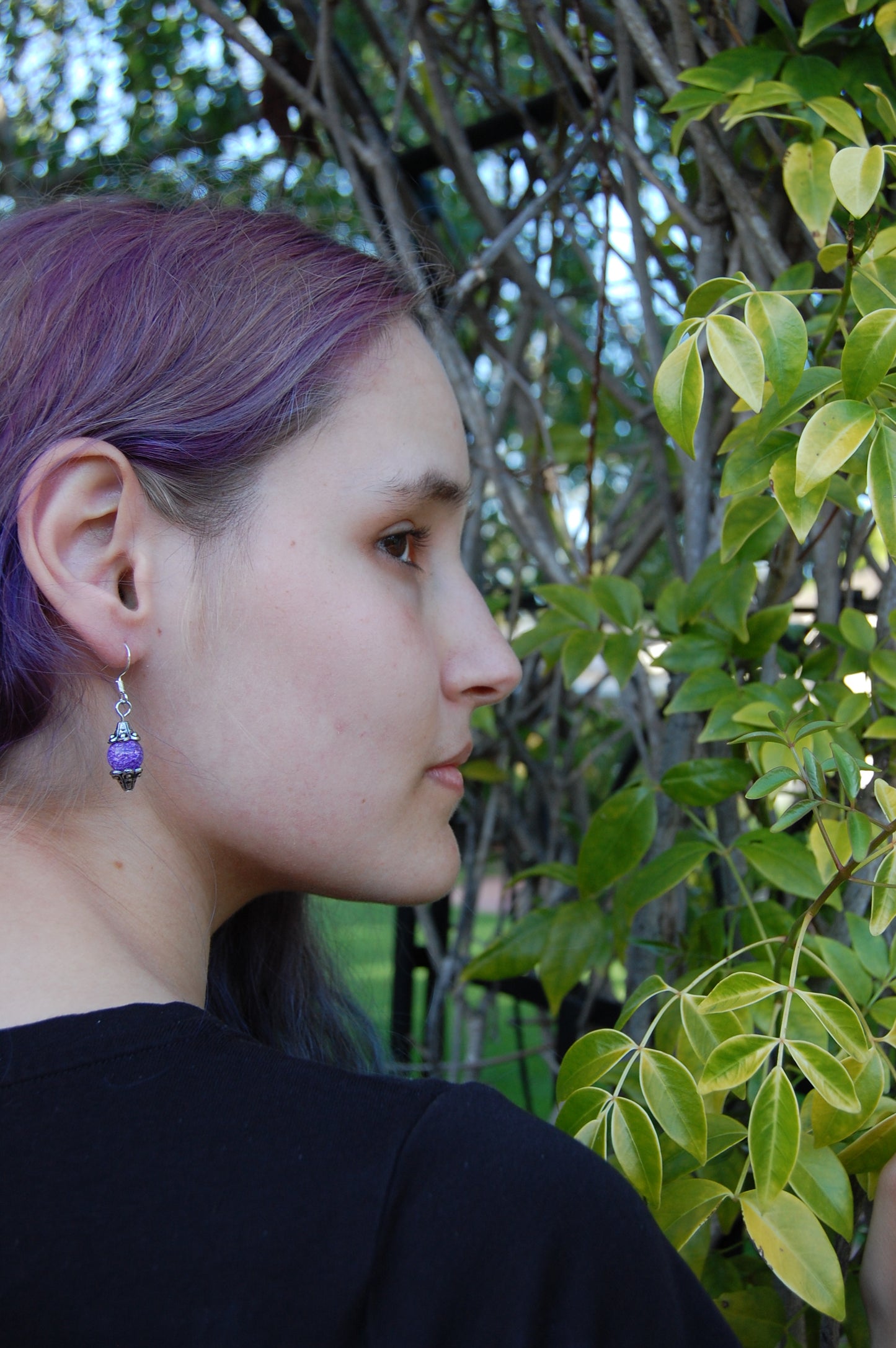 Purple Crackle Bead Dangle Earrings