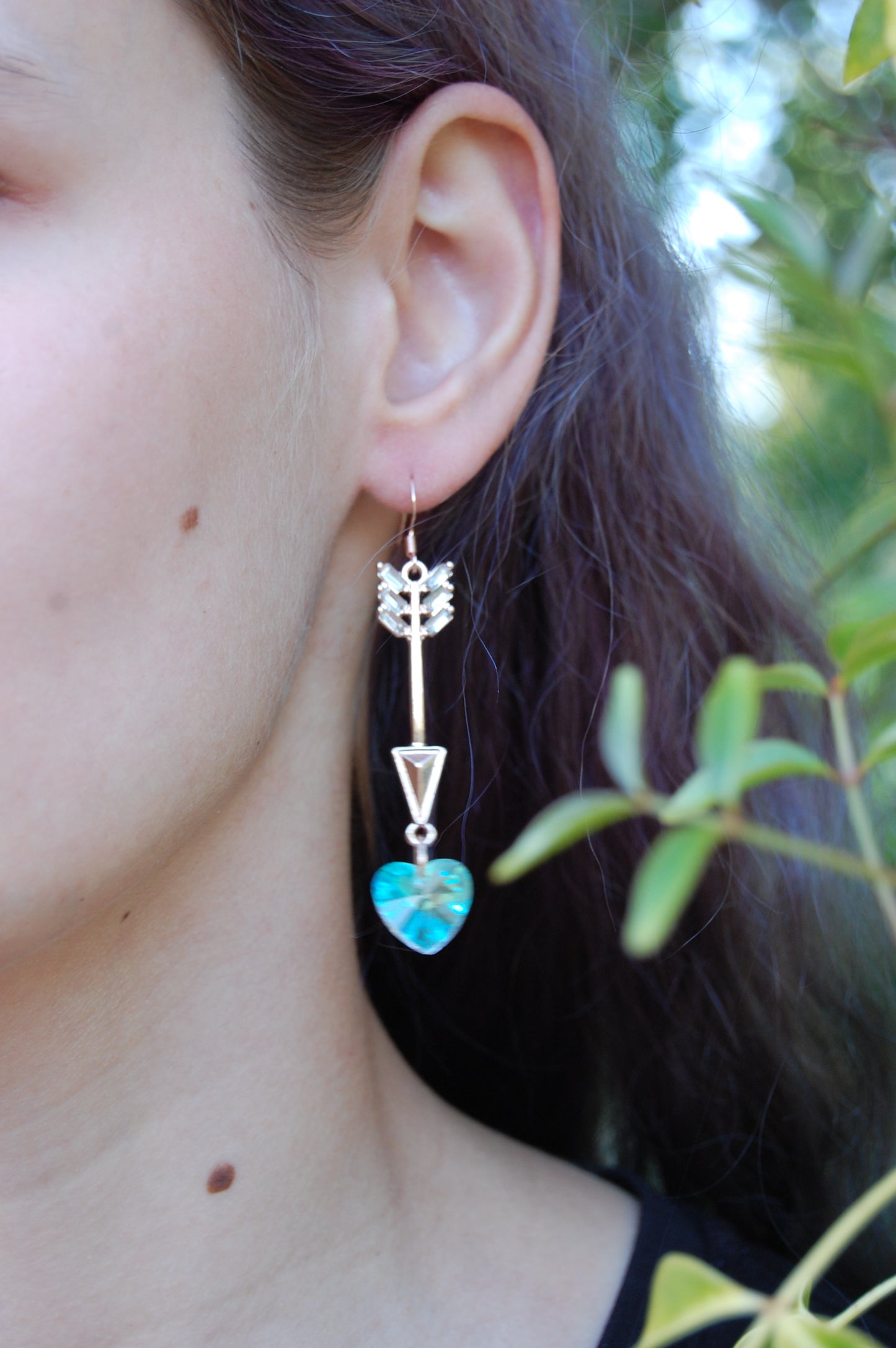 Rose Gold Arrow Crystal Heart Dangle Earrings
