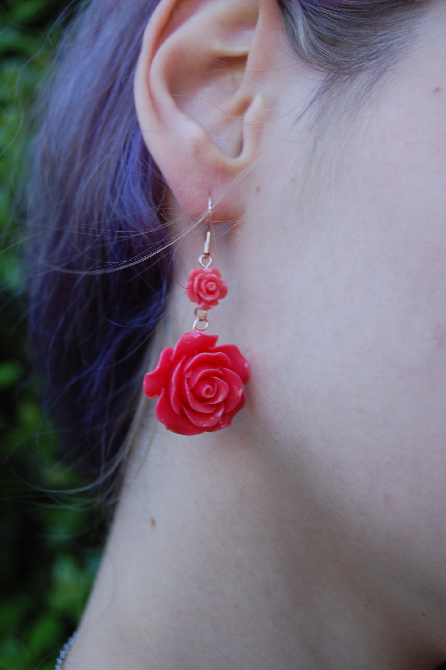 Dark Pink Rose Dangle Earrings