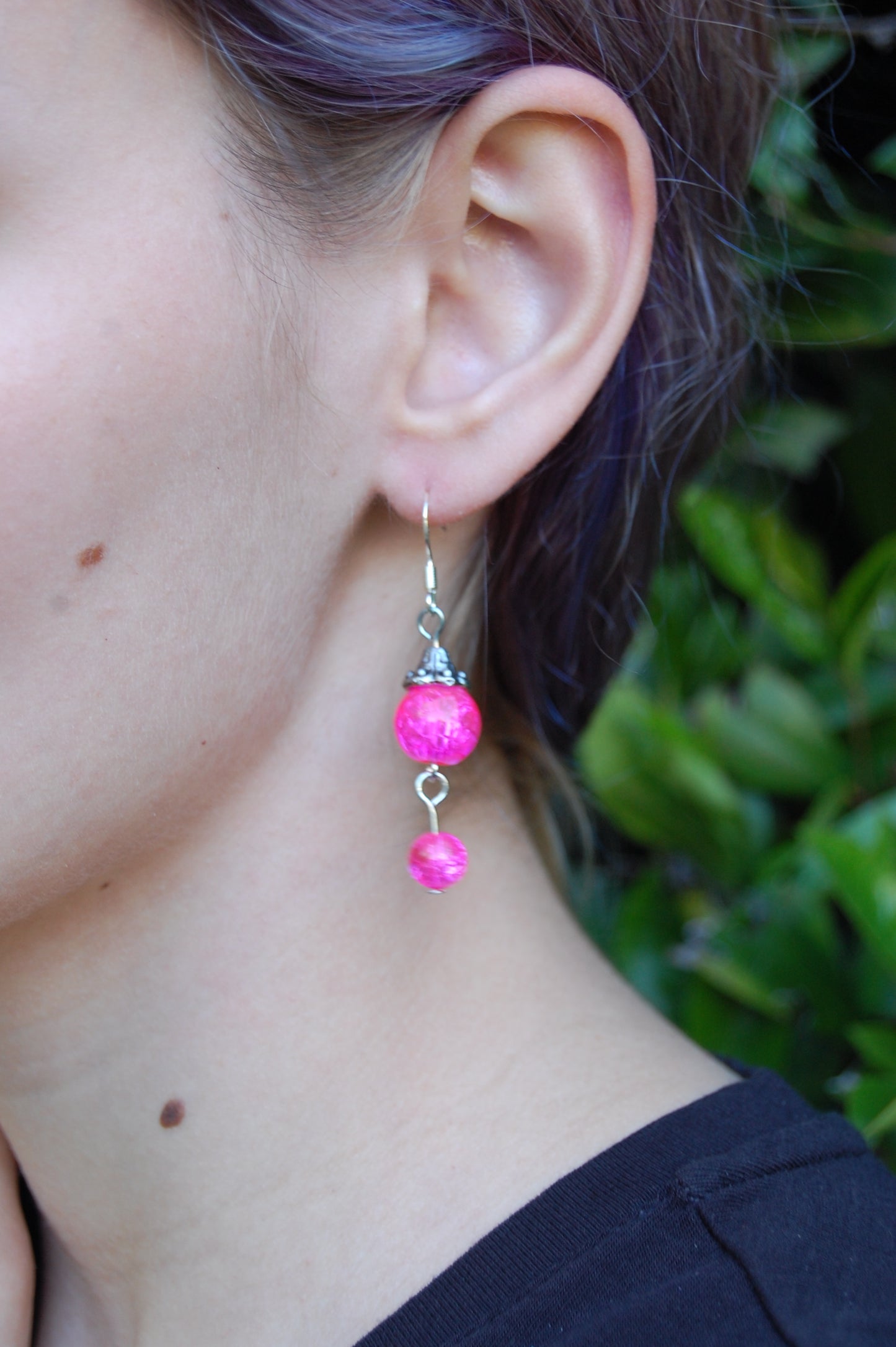 Pink Crackle Bead Dangle Earrings