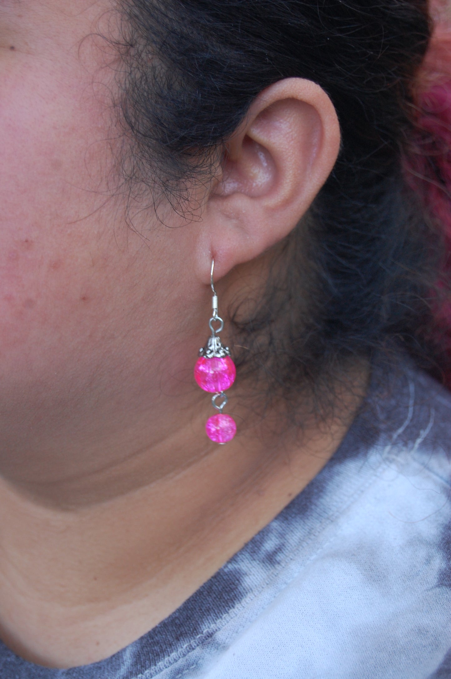 Pink Crackle Bead Dangle Earrings