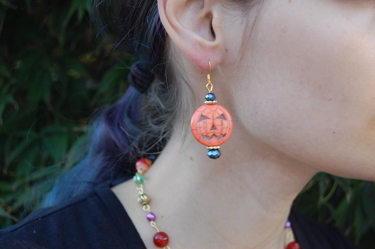 Large Orange Jack'O'Lantern Dangle Earrings