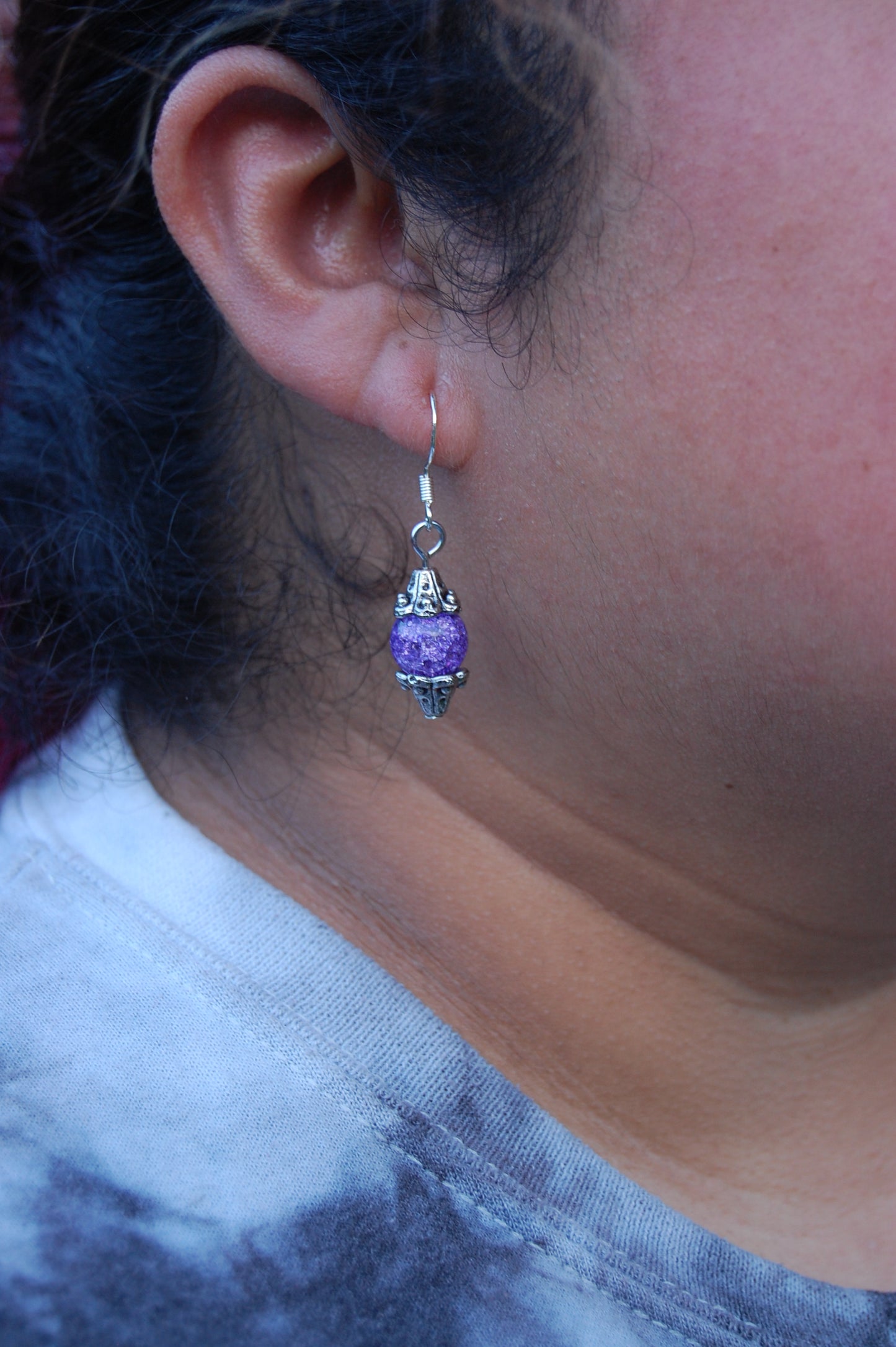 Purple Crackle Bead Dangle Earrings