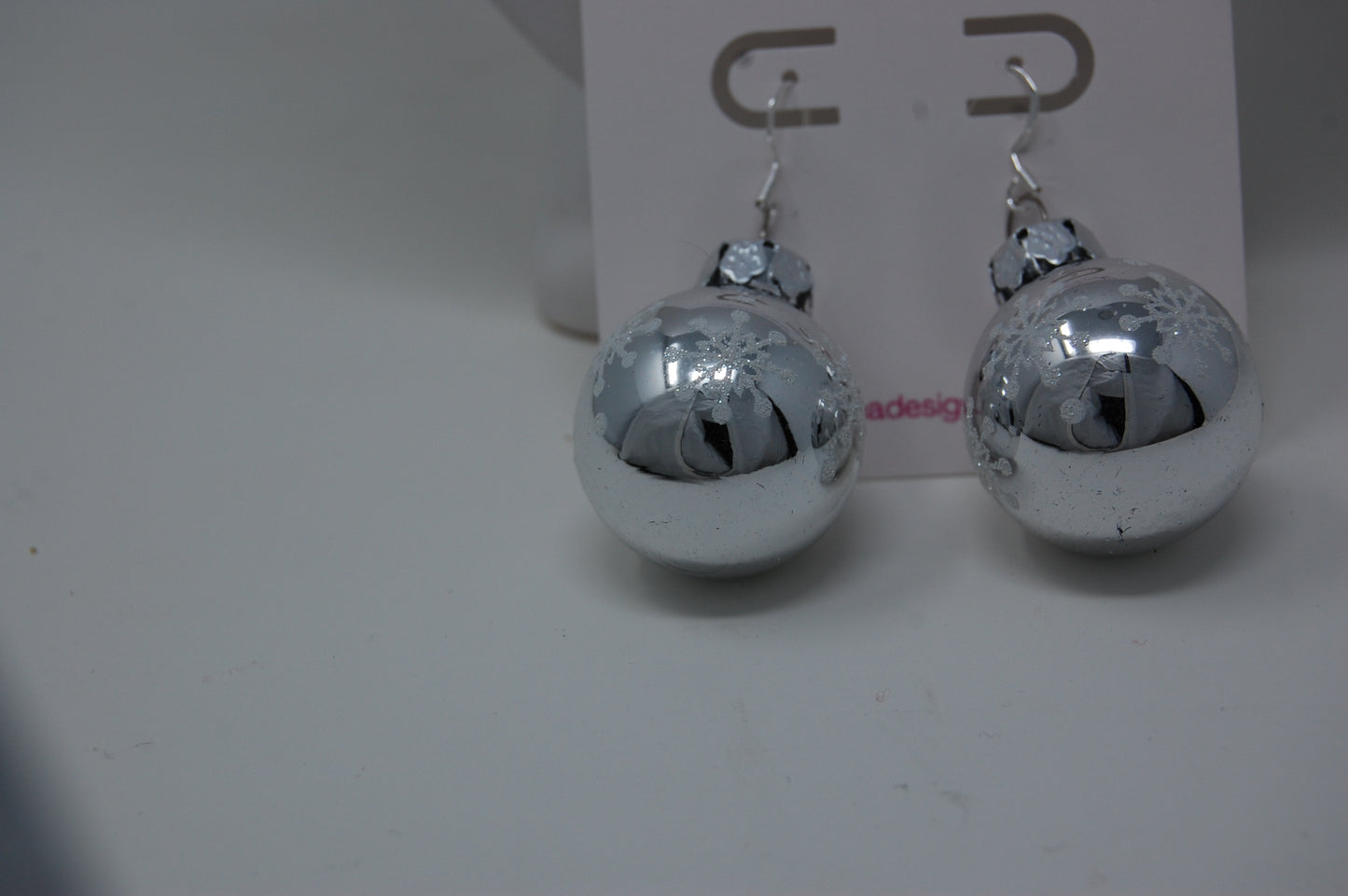 Shiny Silver with Small White Snowflakes Ornament Dangle Earrings