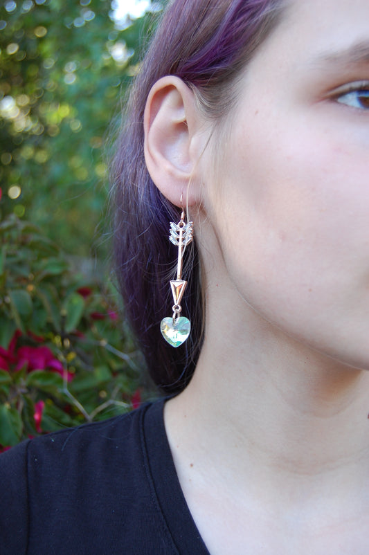 Rose Gold Arrow Crystal Heart Dangle Earrings