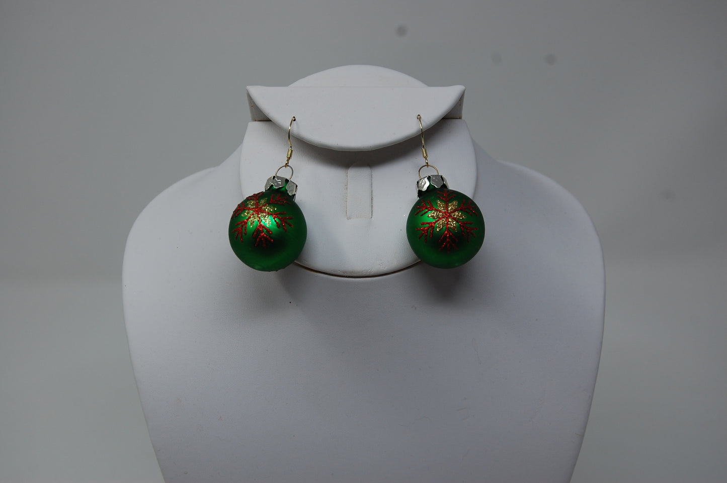 Matte Green with Glittery Red and Gold Snowflake Ornament Earrings