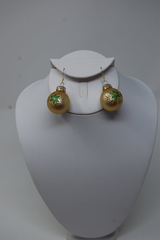 Matte Gold with Glittery Gold and Green Snowflake Ornament Dangle Earrings