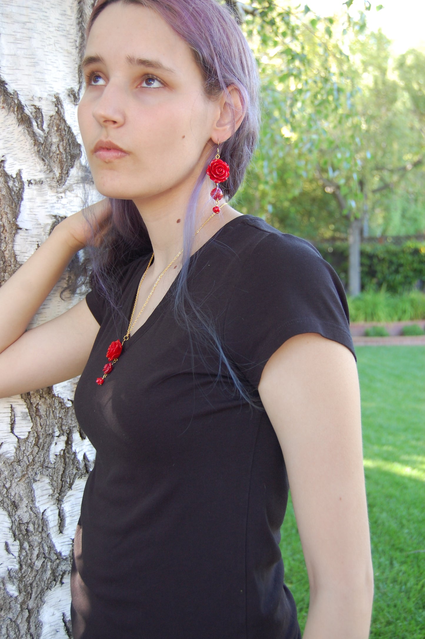 Triple Red Rose Dangle Earrings