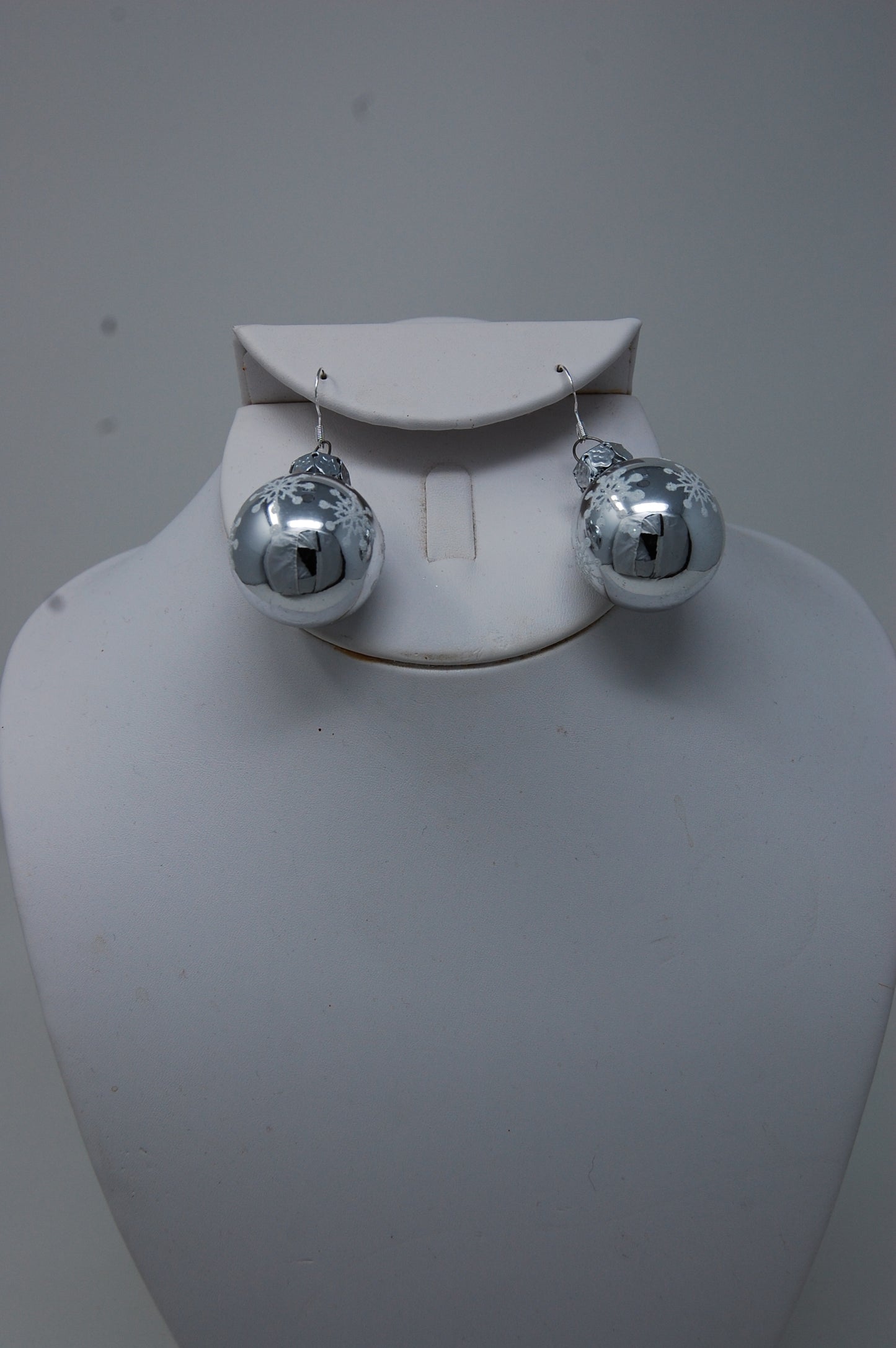 Shiny Silver with Small White Snowflakes Ornament Dangle Earrings