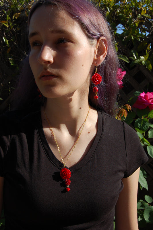 Triple Red Rose Dangle Earrings