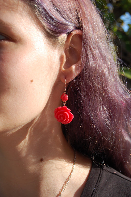 Dark Pink Rose Dangle Earrings