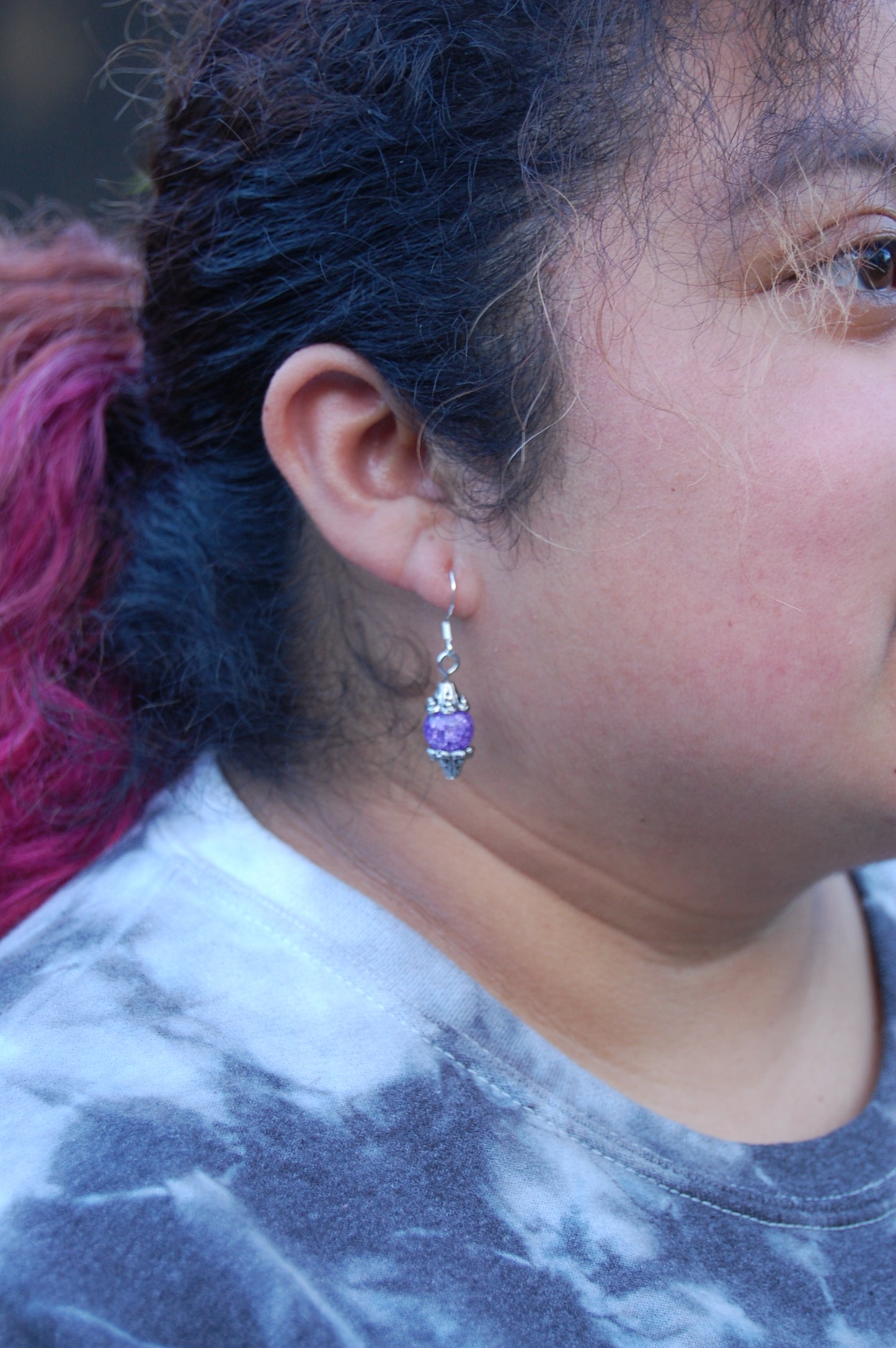 Purple Crackle Bead Dangle Earrings