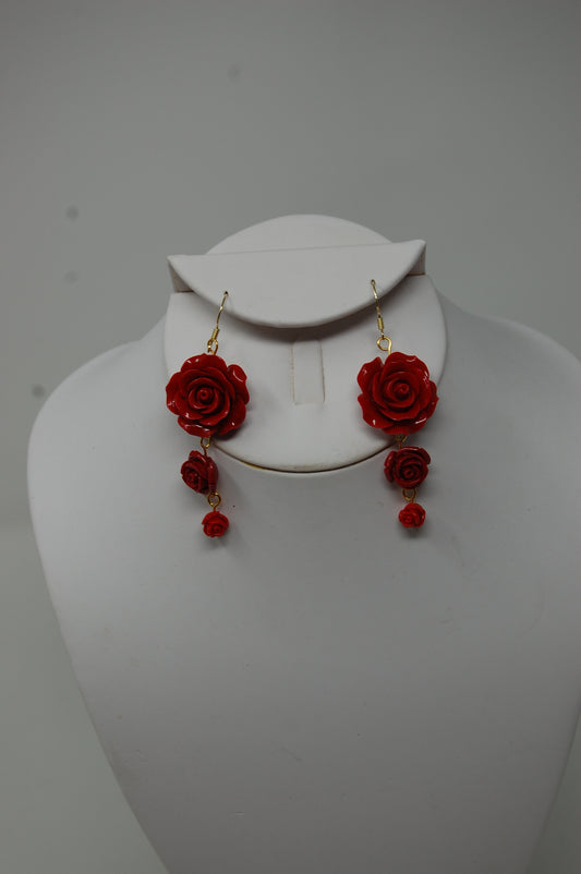 Long Red Rose Dangle Earrings