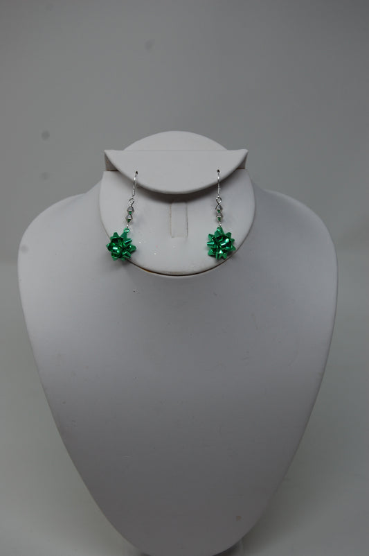 Green Gift Bow Dangle Earrings