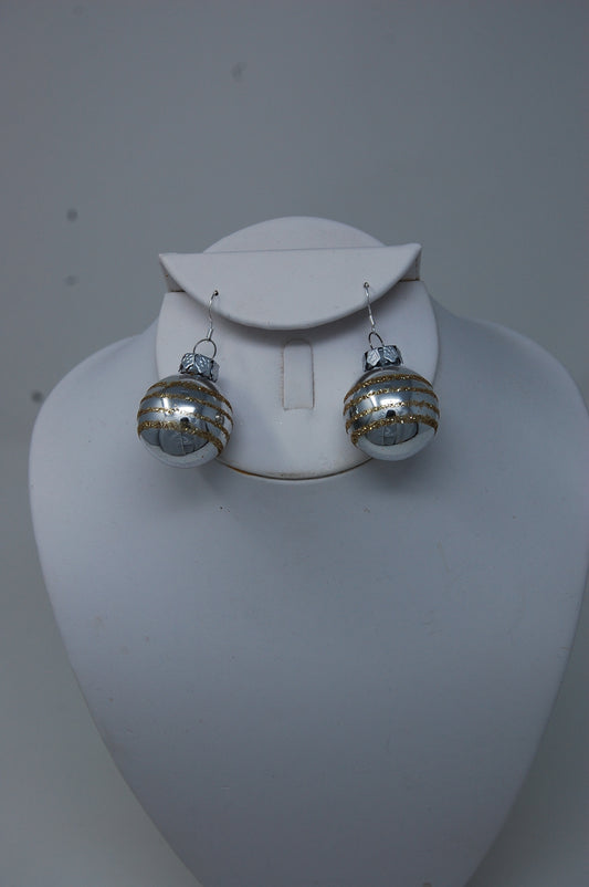 Shiny Silver with Glittery Gold Stripes Ornament Dangle Earrings