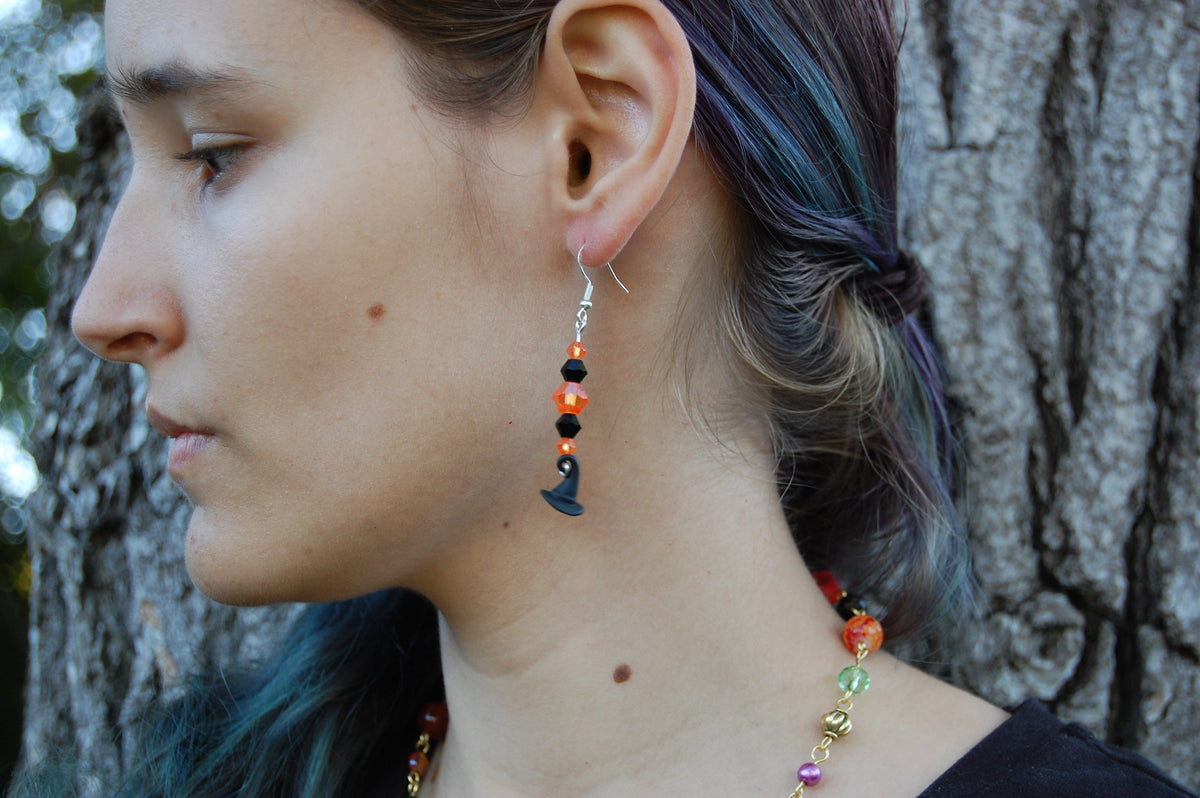 Multi-Colored Beaded Witch Hat Dangle Earrings