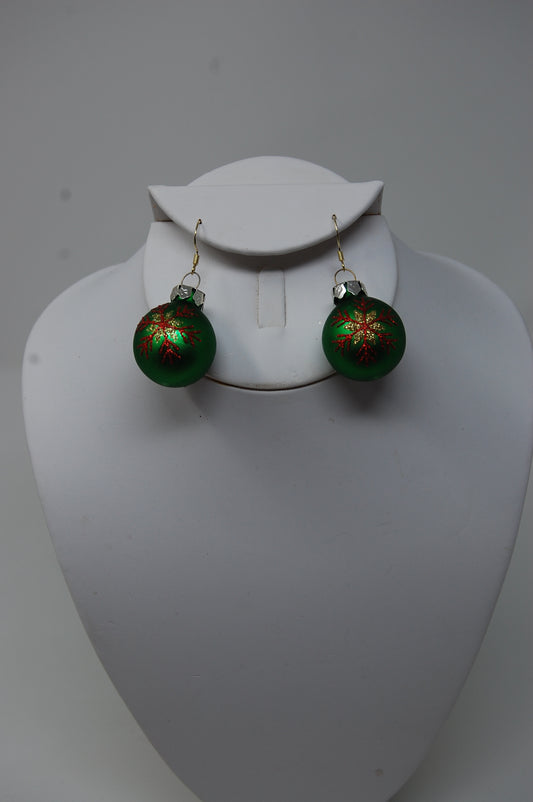 Matte Green with Glittery Red and Gold Snowflake Ornament Earrings