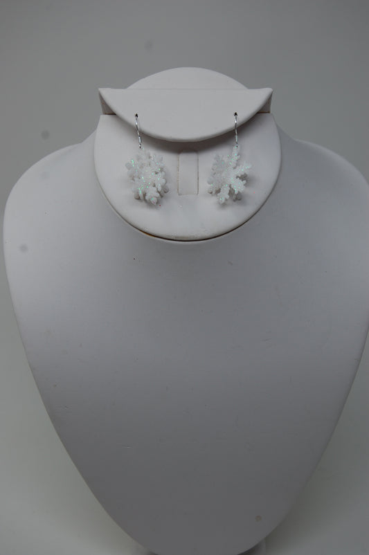 3-D White Iridescent Snowflake Dangle Earrings