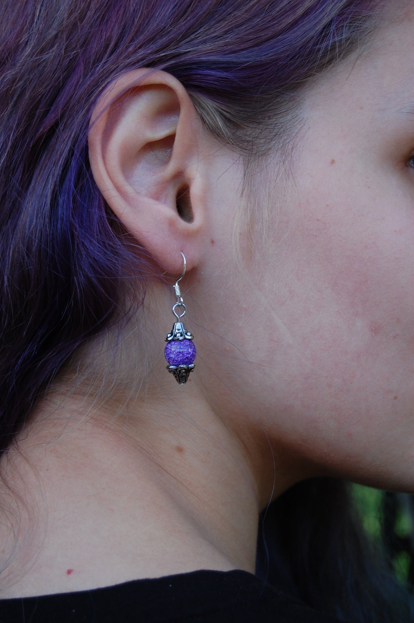 Purple Crackle Bead Dangle Earrings