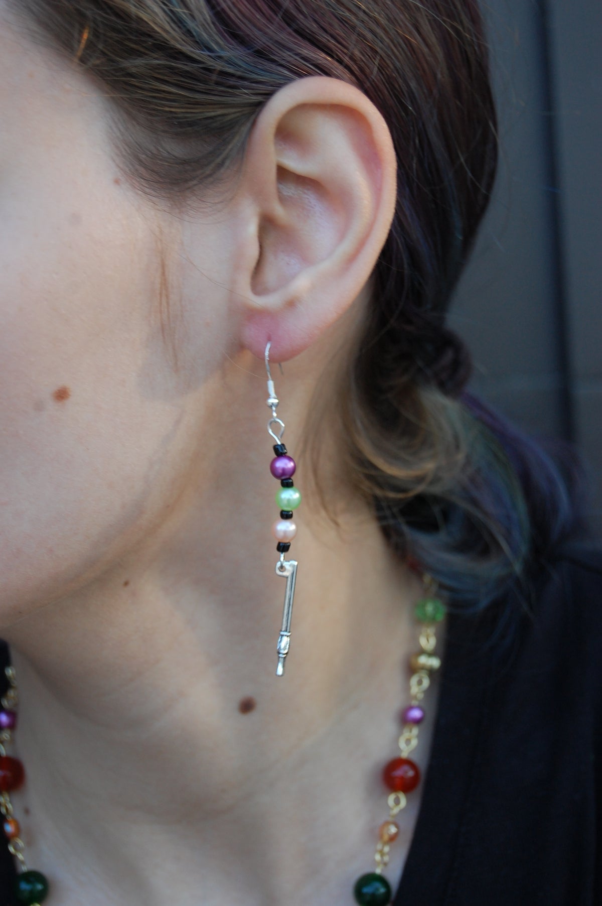Multi-Colored Bead and Broomstick Dangle Earrings