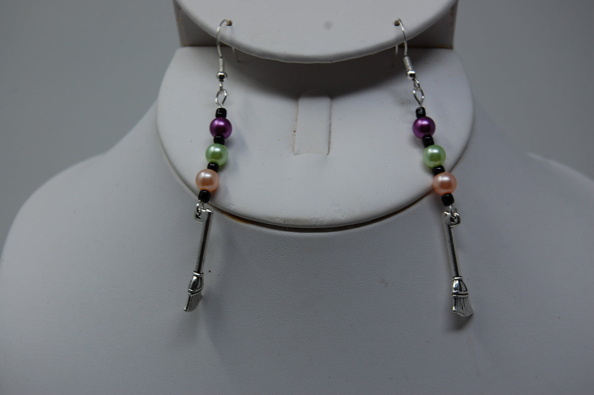 Multi-Colored Bead and Broomstick Dangle Earrings