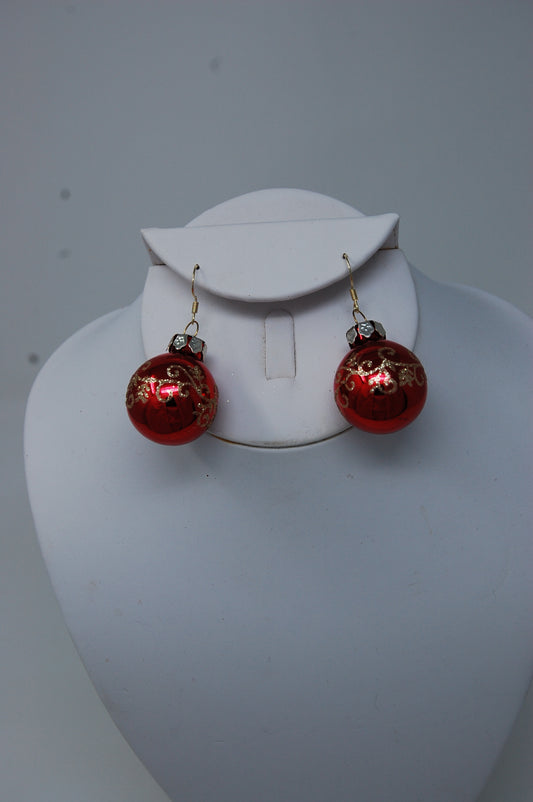 Shiny Red with Gold Swirl Ornament Dangle Earrings