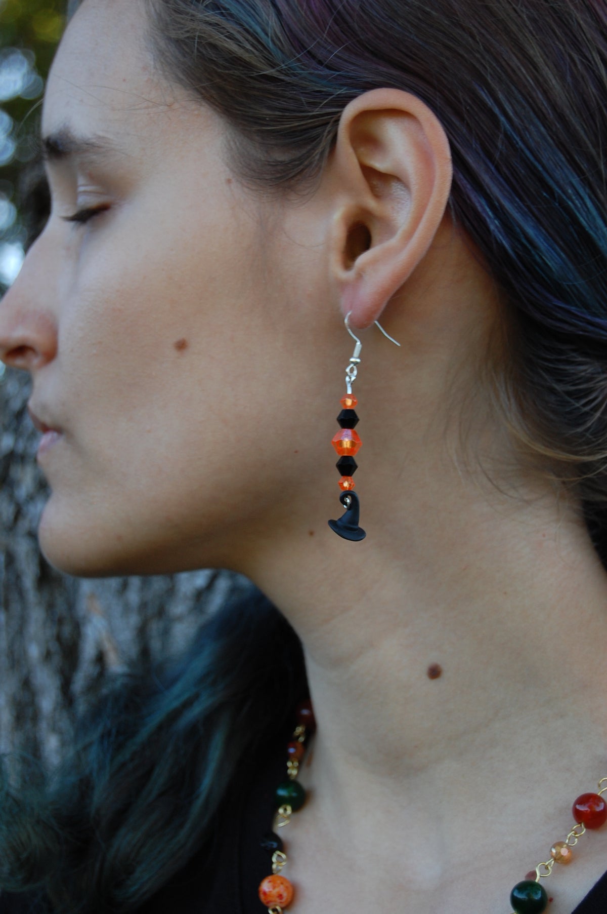 Multi-Colored Beaded Witch Hat Dangle Earrings
