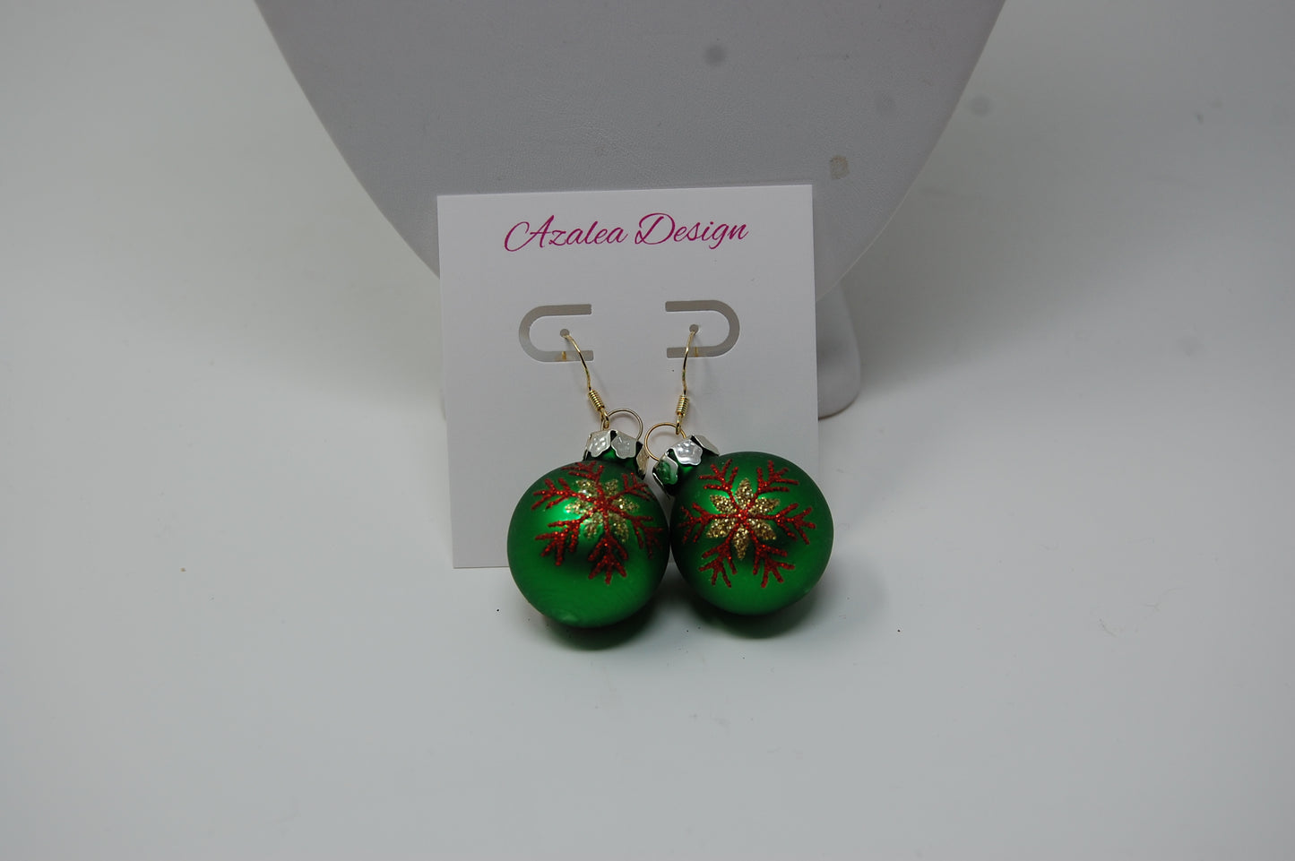 Matte Green with Glittery Red and Gold Snowflake Ornament Earrings