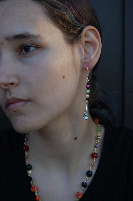 Multi-Colored Bead and Broomstick Dangle Earrings