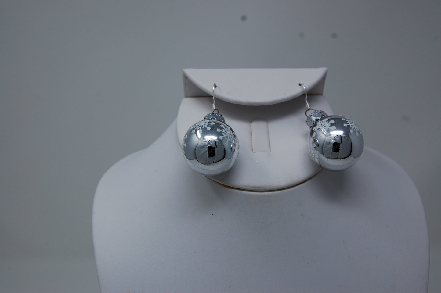 Shiny Silver with Small White Snowflakes Ornament Dangle Earrings