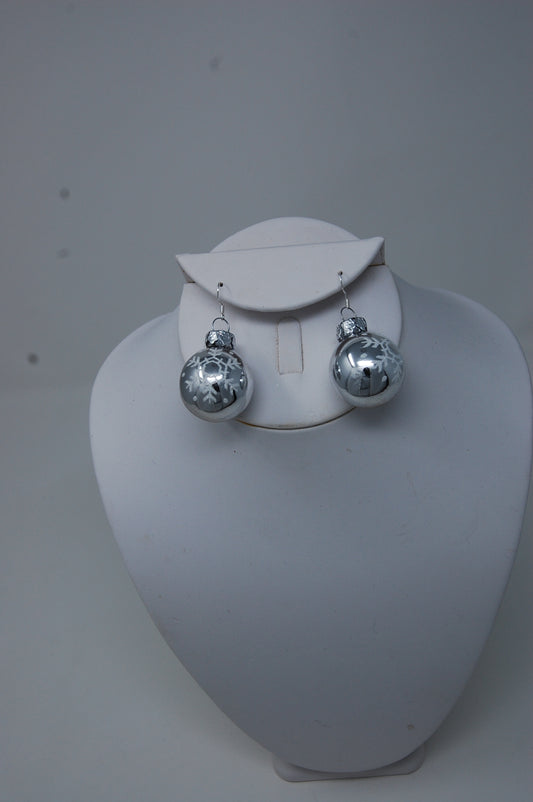 Shiny Silver with White Glitter Snowflake Ornament Dangle Earrings